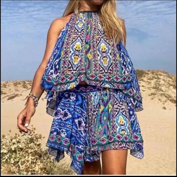 💙 ZARA BOHO BLUE MULTI ABSTRACT COLD SHOULDER LOOSE FIT CROPPED TOP! - Picture 4 of 16